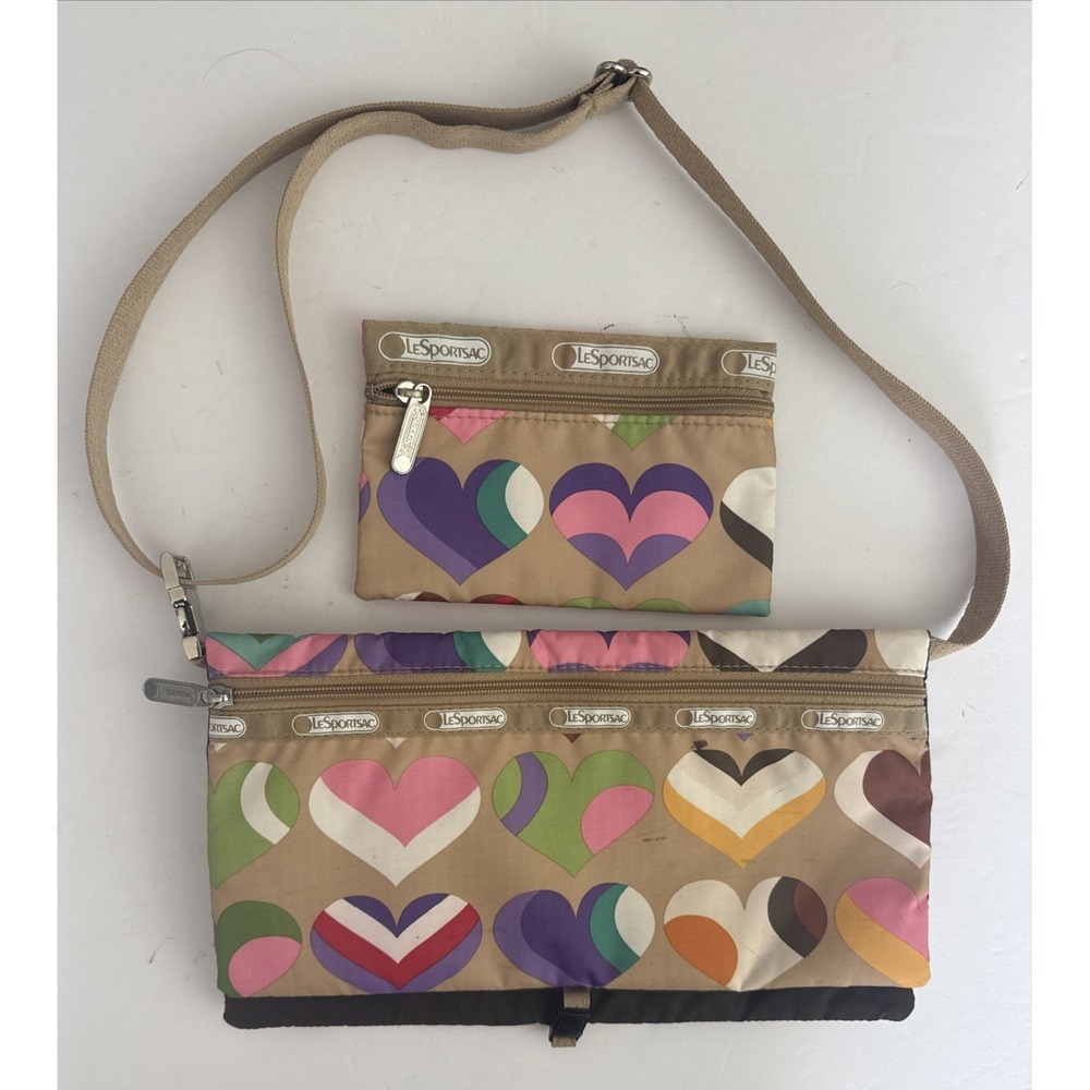 Vtg Le Sportsac Colorful Hearts Deluxe Everyday Shoulder Bag W/ Zipper Pouch Set